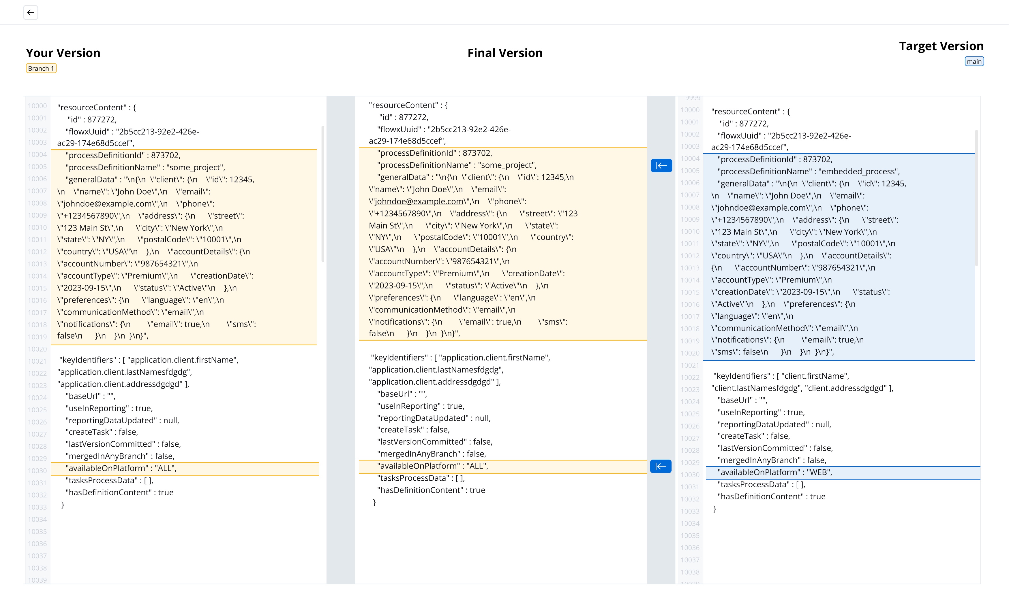 The original merge-conflict view: three raw JSON columns for your version, the merged result, and the target version