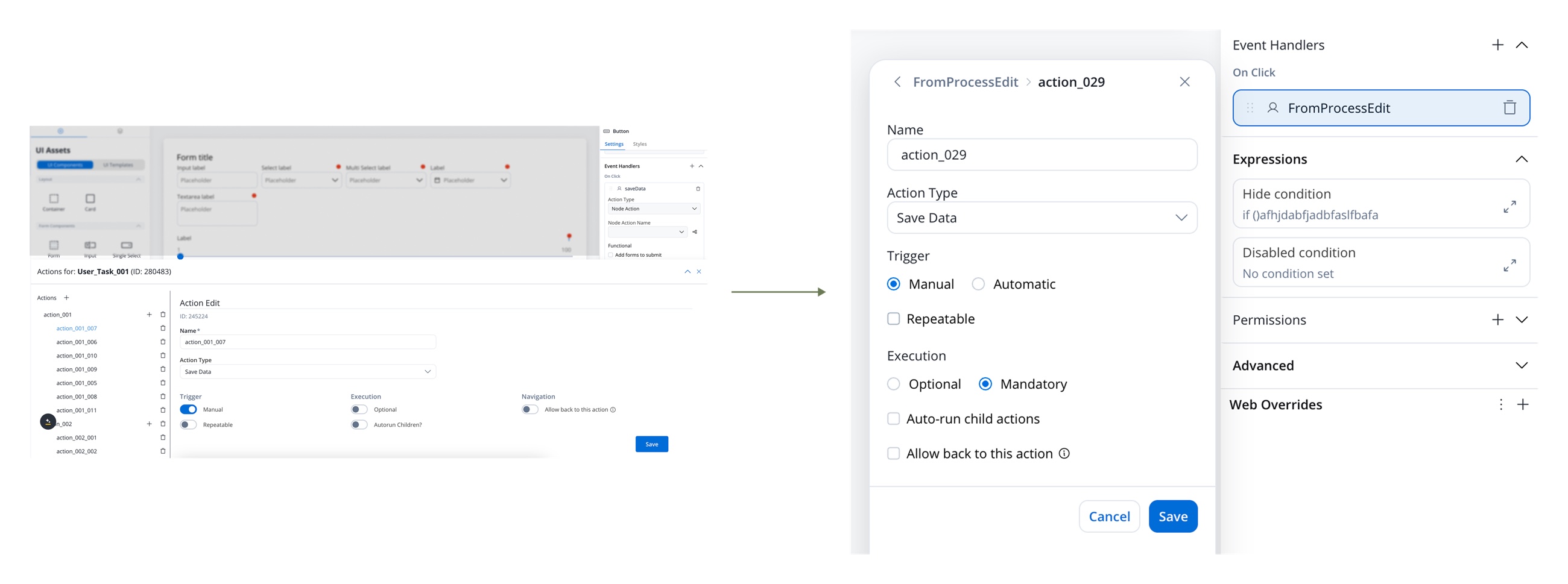 The UI Designer config panel replacing content in place, with a way to navigate back to where you started